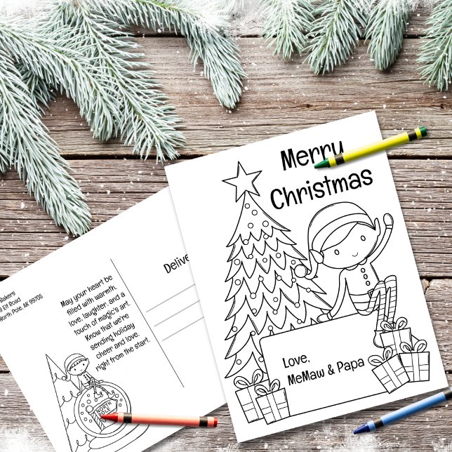 Elf-julfärgning Helg Vykort (Spark your child's creativity this holiday season with our Christmas Elf Coloring Postcard! )
