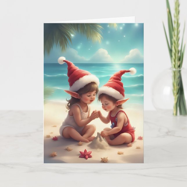 Elf Kids på Beach - Sandcastle-julkortet Kort (Framsida)