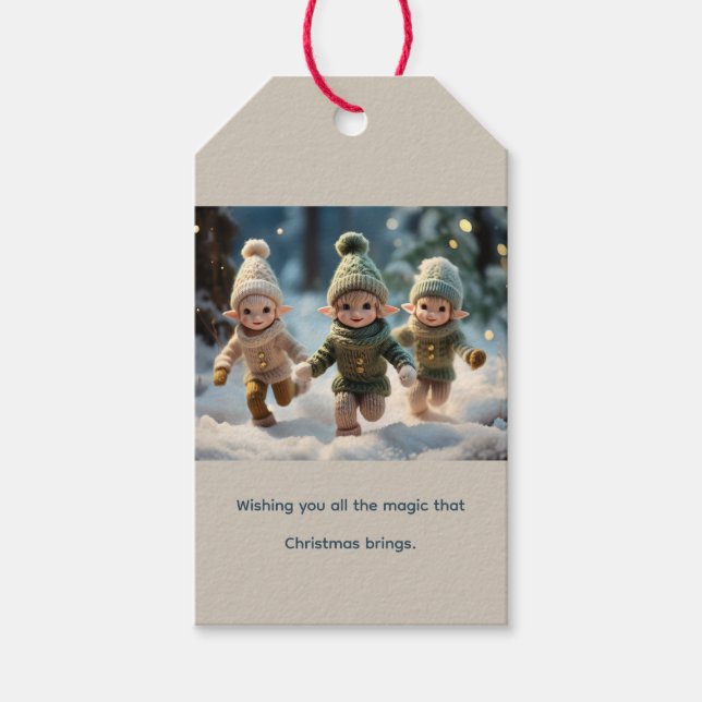 Elf Kids Running in the Snow Custom Text Presentetikett (Framsidan)