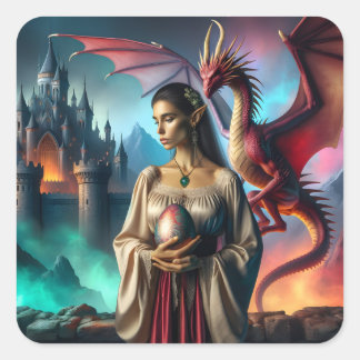 Elf med dragonägg fyrkantigt klistermärke