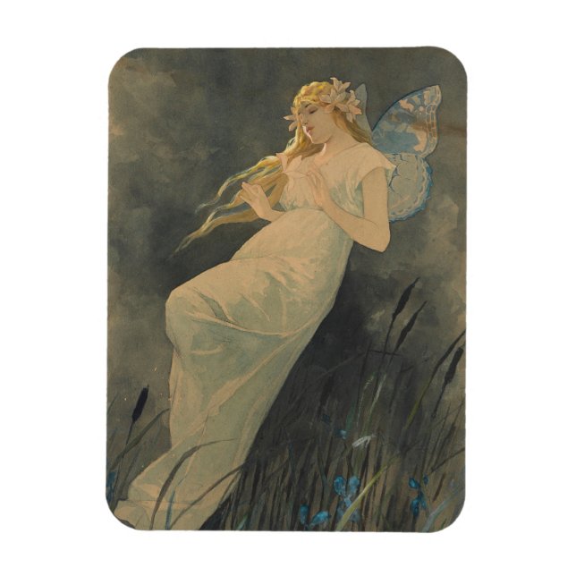 Elf med Iris Flowers av Alphonse Mucha Magnet (Vertikal)