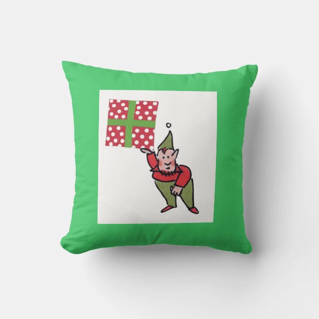 Elf med Polka Dot Gift med kvadratisk grönt dekora Kudde (Framsida)