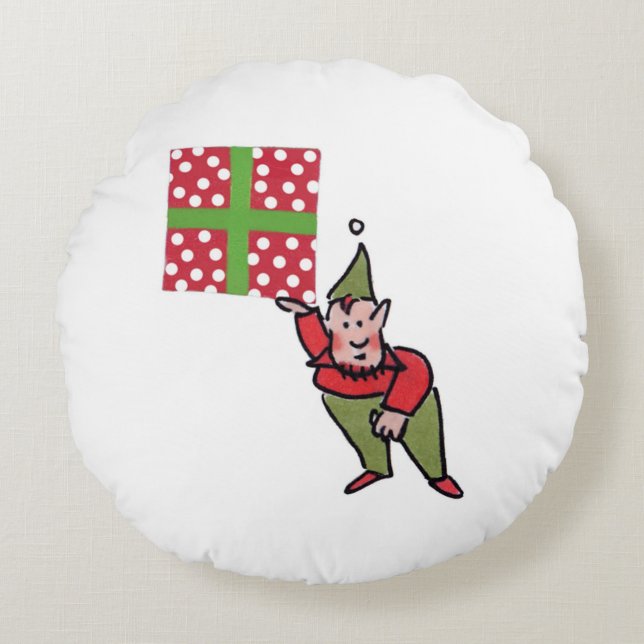 Elf med Polka Dot Gift runda poly-kuddar Rund Kudde (Framsidan)