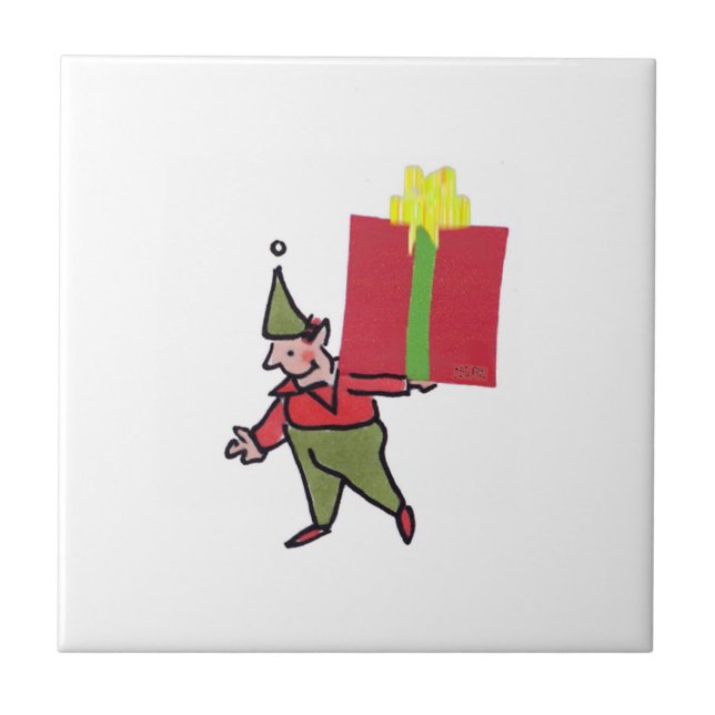 Elf Med röd låda vit liten keramisk platta Kakelplatta (Framsidan)