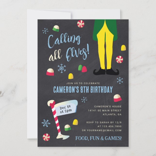 Elf Movie Kids Chalkboard Winter Birthday Inbjudningar (Framsida)