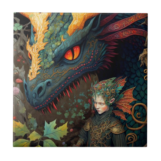 Elf och Dragon Fantasy Art Kakelplatta (Framsidan)