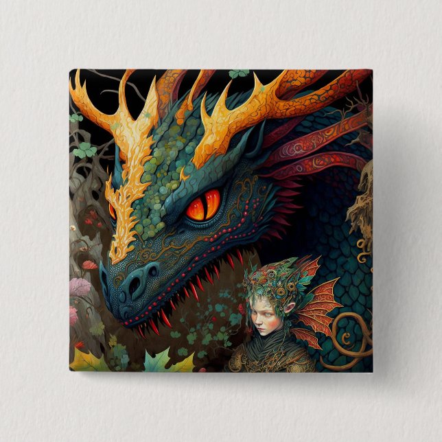 Elf och Dragon Fantasy Art Knapp (Framsida)
