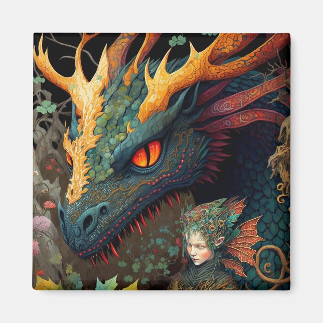 Elf och Dragon Fantasy Art Magnet (Framsidan)