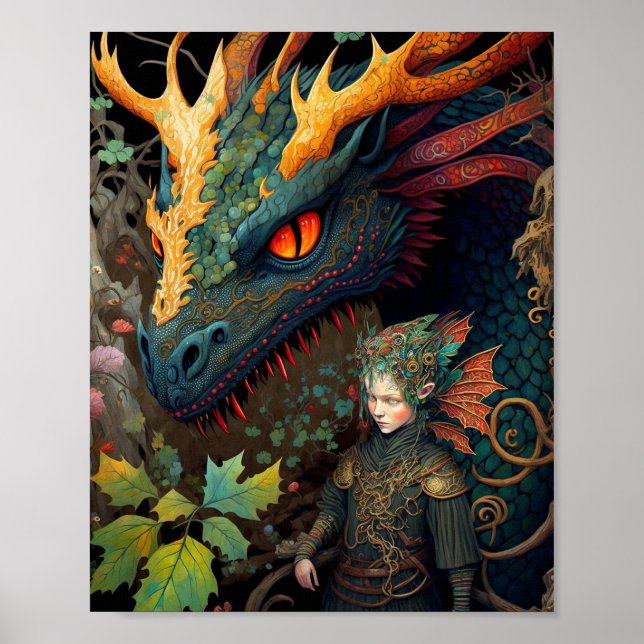 Elf och Dragon Fantasy Art Poster (Framsidan)