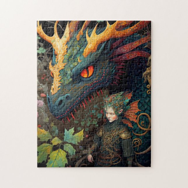 Elf och Dragon Fantasy Art Pussel (Vertikal)