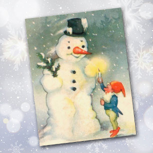 Elf och Snögubbe Vintage julkort Helg Vykort