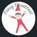 Elf på Sticker Runt Klistermärke<br><div class="desc">Elf har hoppat från hyllan och är upp till en viss olycka! Använda dessa klistermärken för presenter,  för godis eller bara för roligt!</div>