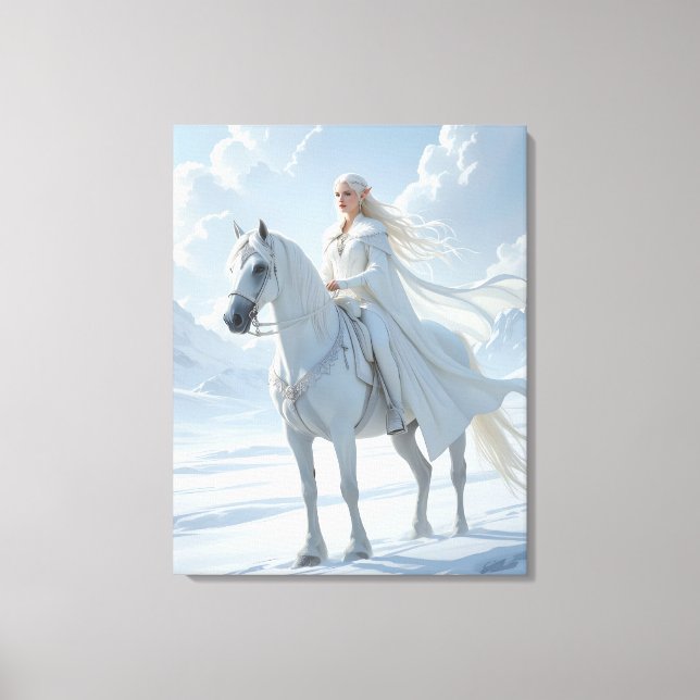 Elf Queen Riding a Majestic White Horse Canvastryck (Framsida)