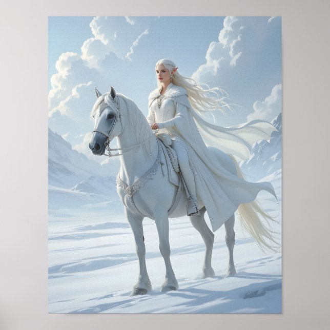 Elf Queen Riding a Majestic White Horse Poster (Framsidan)