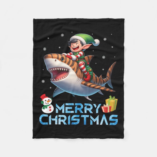 Elf Riding Tiger Shark Snögubbe nuvarande Merry Ch Fleecefilt (Framsidan)