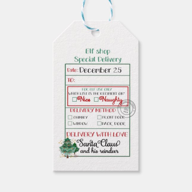 Elf Shop Speciell Delivery Träd Nice eller Naughty Presentetikett (Framsidan)