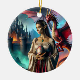 Elf som håller ett dragägg julgransprydnad keramik