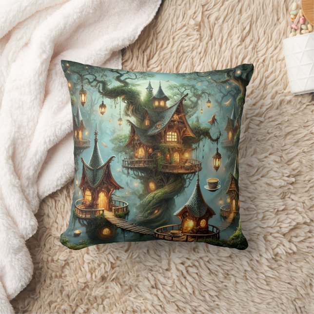 Elf Tea House Fantasy Village Home Throw Pillow Kudde (Filt)