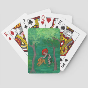 Elf-tjejen leker med sin valp hund i skogen casinokort
