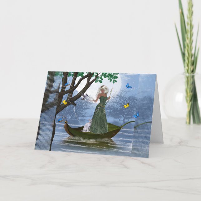 Elf & White Cat rider på ett Löv-fantasy-kort Helgkort (Framsida)