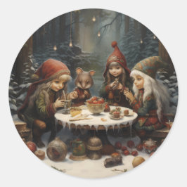 Elf Winter Tea Party i Skogen Julventiler Runt Klistermärke