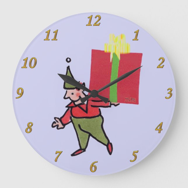 Elf With Red Box lila wall-klocka Stor Klocka (Framsida)