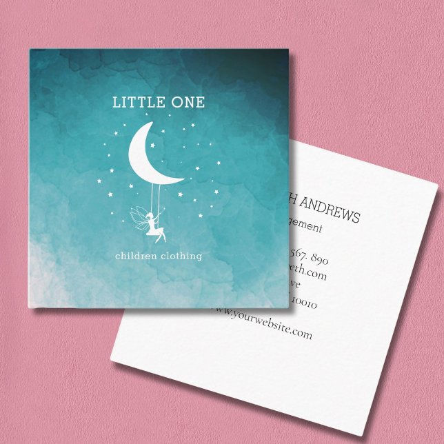 Elfe mit Zauberstab Schaukel Sterne Mond Fyrkantigt Visitkort (Elf with Magic wand Swing Stars Moon Square Blue Business Card)