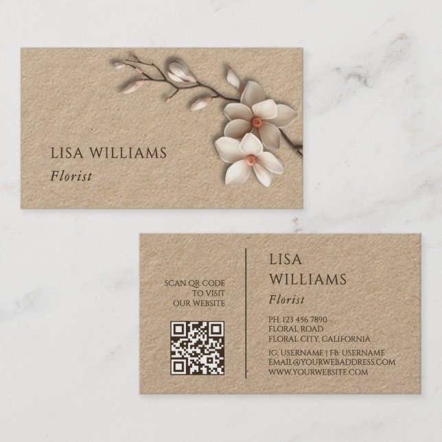 Elfenben 3D Magnolia Rustic | QR-kod Visitkort (Fram/baksida)