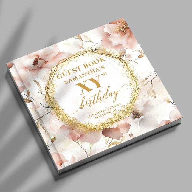  elfenben-blommigt från alla födelsedagar gästböcker (Heartfelt blush ivory floral all birthdays memory Guest Book)