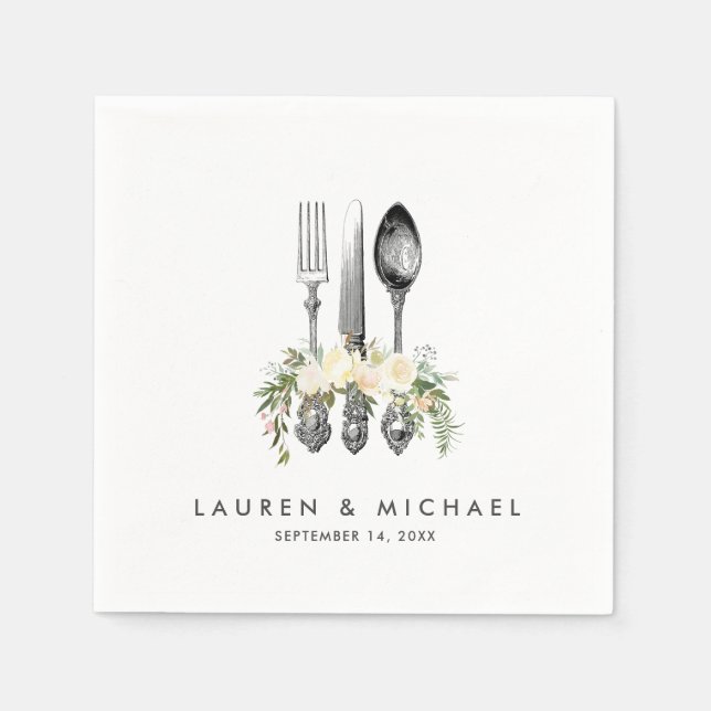 Elfenben blommigt greenery bröllop napkins pappersservett (Framsidan)