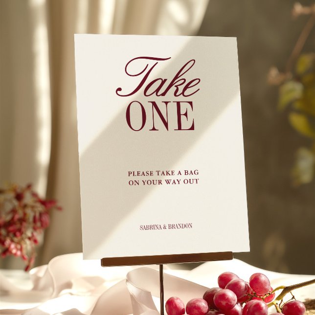 Elfenben & Burgund Favors-Tecken för Bröllop - Ta  (Ivory & Burgundy Take One Wedding Favor Sign)
