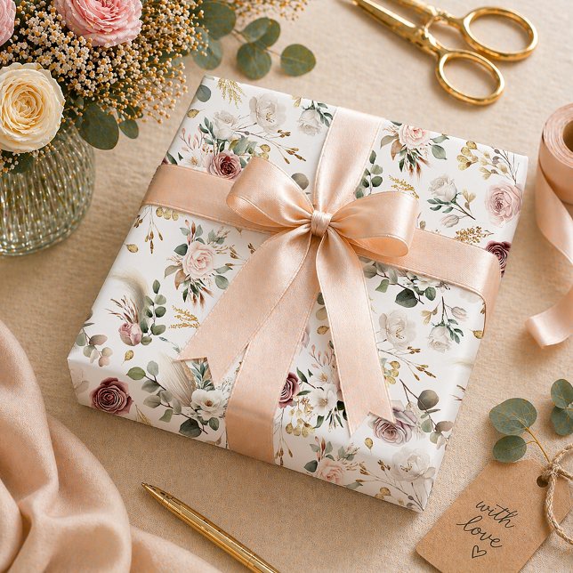 Elfenben & Burgunder Blommig Bröllopsdusch Höst Presentpapper (Floral wrapping paper)