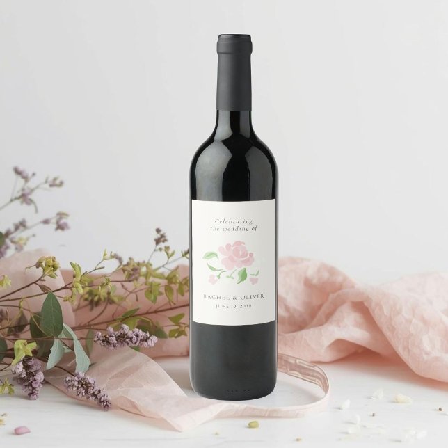 Elfenben | Chic Bröllopsblomma Rosa  Vinflaska Etikett (Skapare uppladdad)