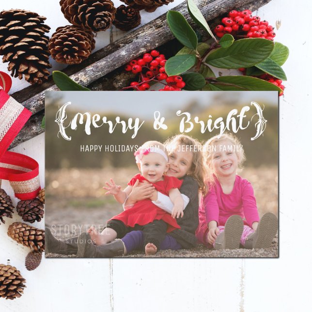 Elfenben-Eleganten skissade Merry & Bright Photo Julkort (Ivory Elegant Sketched Merry and Bright Holiday Photo Card)