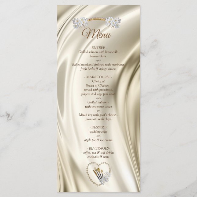 Elfenben,Grönt,Blått,Guld Silke och pärlor-meny Meny (Framsida)