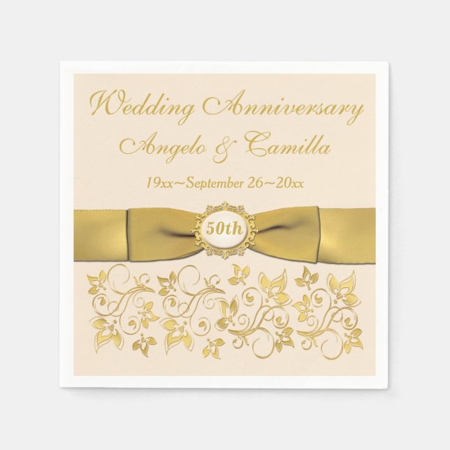Elfenben, Guld Blommigt Golden-årsdag Napkins 2 Pappersservett (Framsidan)