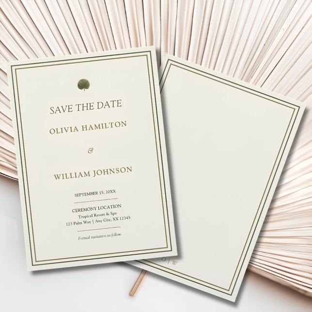 Elfenben & Guld Palm Bröllop Spara Datum Datumet (Ivory & Gold Palm save the date with double borders and personalized initials on the back)
