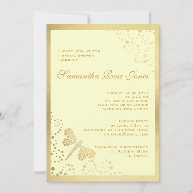 Elfenben & Guld Trollslända Punktualism Bröllopsfe Inbjudningar (Framsida)