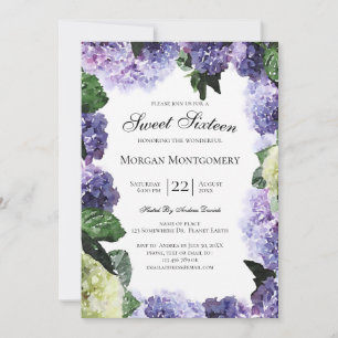 Elfenben & lila hydrangeor Vit Sweet Sixteen Inbjudningar