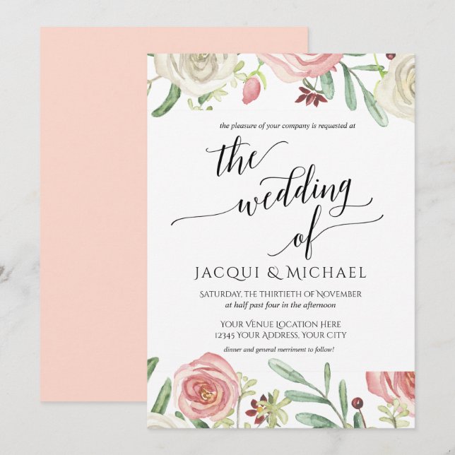 Elfenben och  Blommigt Ro Foliage Löv Inbjudningar (Fram/baksida)