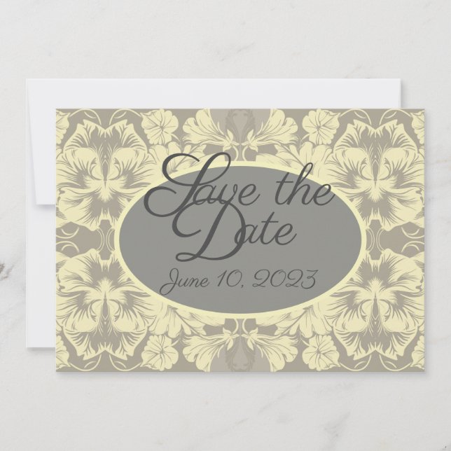 Elfenben och Grått-Blommigt - spara datumkortet Datumet (Framsida)
