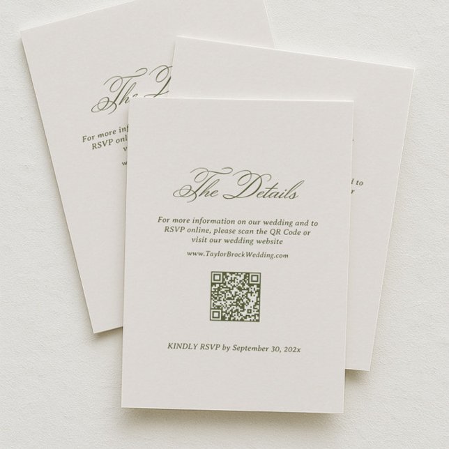 Elfenben och Grön Bröllopsdetaljer RSVP Qr-kod Tilläggskort (Skapare uppladdad)