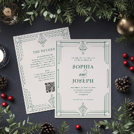 Elfenben och grön QR-kod Allt-i-ett Holiday Weddin Inbjudningar