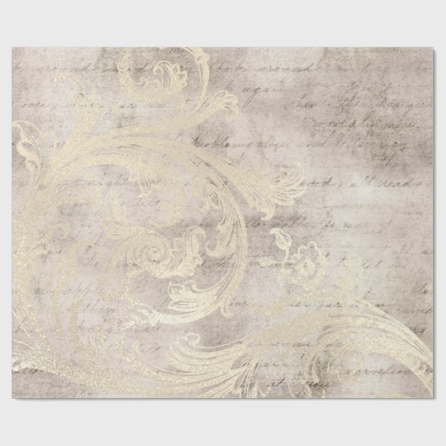 Elfenben och guld Grunge Damask Kalligrafi Presentpapper (Platt)