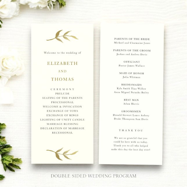 Elfenben och guld personligt bröllp (modern elegant ivory and gold double sided wedding program  template thats easy to customize )