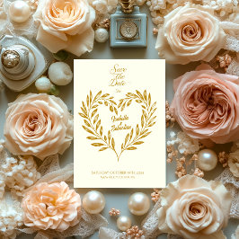 Elfenben och Mörk Guld Heart Spara datumet Bröllop Inbjudningar