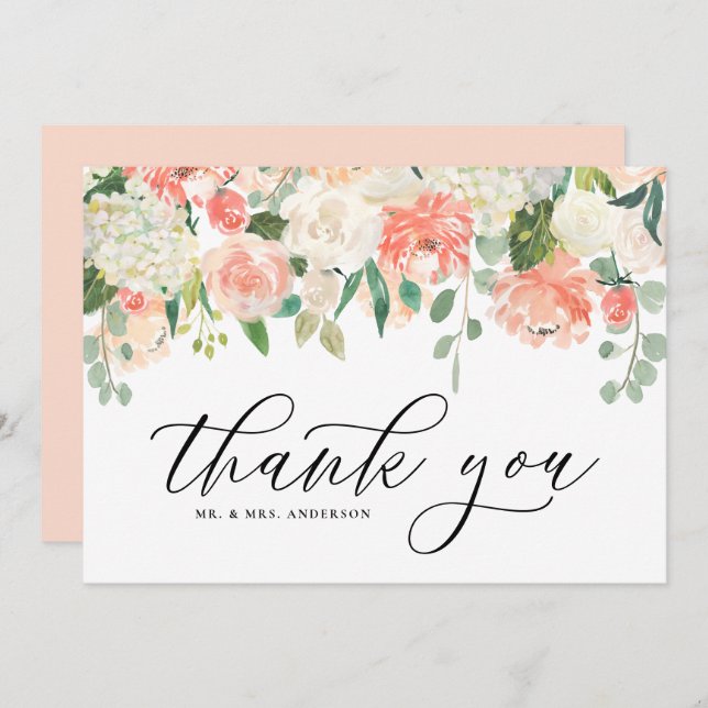 Elfenben och persikofärgad akvarellpion och horten tack kort (Fram/baksida)