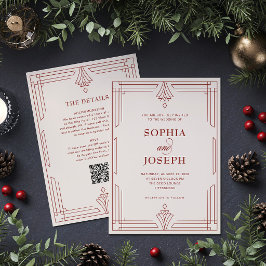 Elfenben och röd QR-kod Allt-i-ett Holiday Wedding Inbjudningar