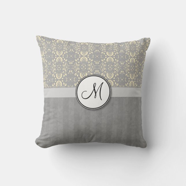Elfenben på silverdamast och randar med monogramen kudde (Framsida)