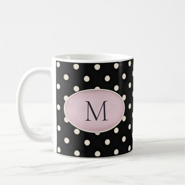 Elfenben Polka dots på svart Rosa Blue Oval Monogr Kaffemugg (Vänster)